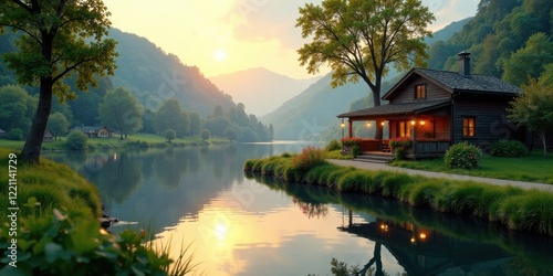 Serene lakeside cabin nestled amongst lush greenery at sunset, reflecting tranquil waters and vibrant foliage
