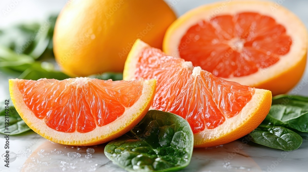 This stunning display features ripe oranges and spinach leaves arranged artfully, embodying the essence of a refreshing and vibrant dietary option for health enthusiasts. This stunning display features ripe oranges and spinach leaves arranged artfully, embodying the essence of a refreshing and vibrant dietary option for health enthusiasts.
