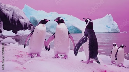 Three Penguins Stand Together Near Icebergs photo