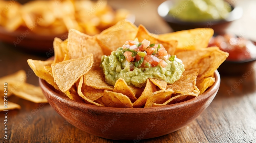 A delicious serving of crispy tortilla chips topped with fresh guacamole and vibrant salsa, perfect for sharing at any gathering or event with friends. A delicious serving of crispy tortilla chips topped with fresh guacamole and vibrant salsa, perfect for sharing at any gathering or event with friends.
