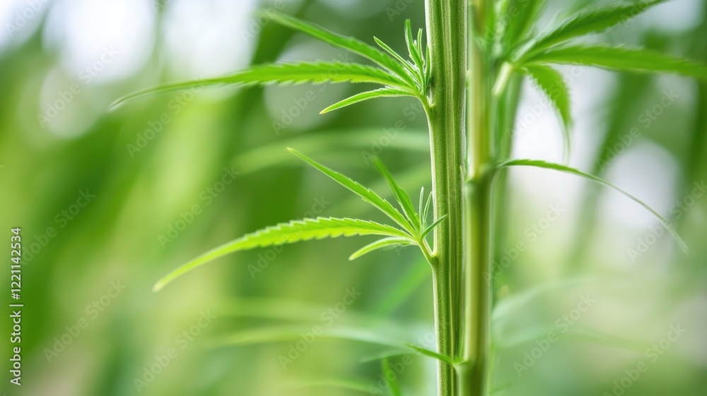 Close-up of green cannabis plant stem with leaves Close-up of green cannabis plant stem with leaves