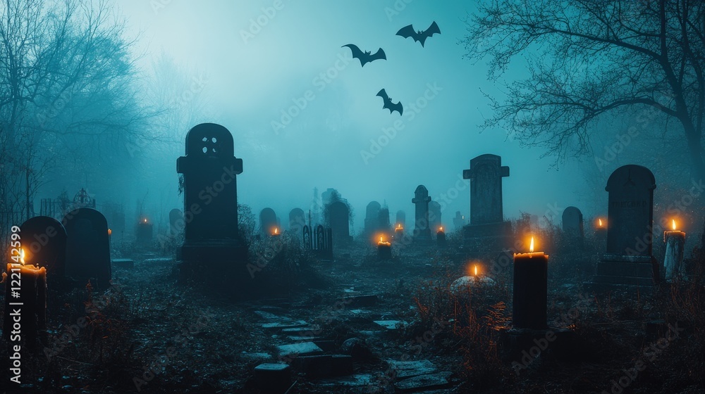 Misty Graveyard with Candles and Bats at Night Misty Graveyard with Candles and Bats at Night