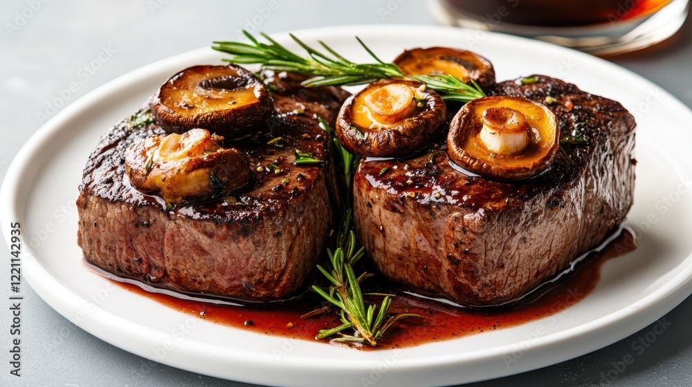 Enjoy this dynamic composition of juicy steak paired beautifully with sautéed mushrooms and fresh rosemary, all presented on an elegant white plate. Enjoy this dynamic composition of juicy steak paired beautifully with sautéed mushrooms and fresh rosemary, all presented on an elegant white plate.