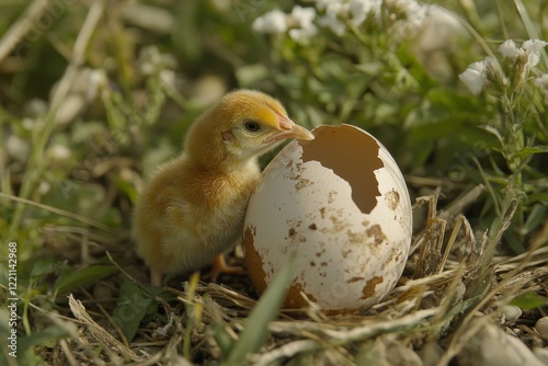 A Newborn Chickling Beside Its Broken Eggshell in a Lush Meadow photo