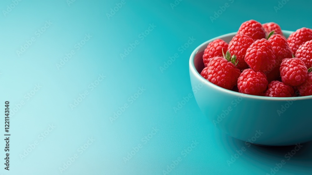 Fresh raspberries in blue bowl on turquoise surface Fresh raspberries in blue bowl on turquoise surface