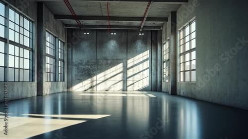 Wallpaper Mural Sunlit Industrial Loft Space Empty Concrete Room with Large Windows and Polished Floor Torontodigital.ca