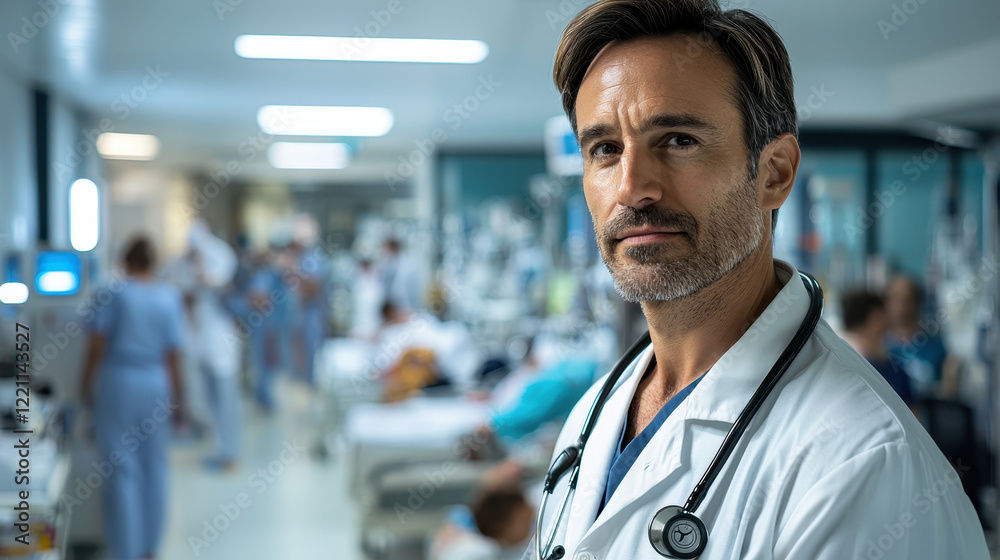 Fototapeta premium Experienced male doctor in busy hospital environment, focused and dedicated