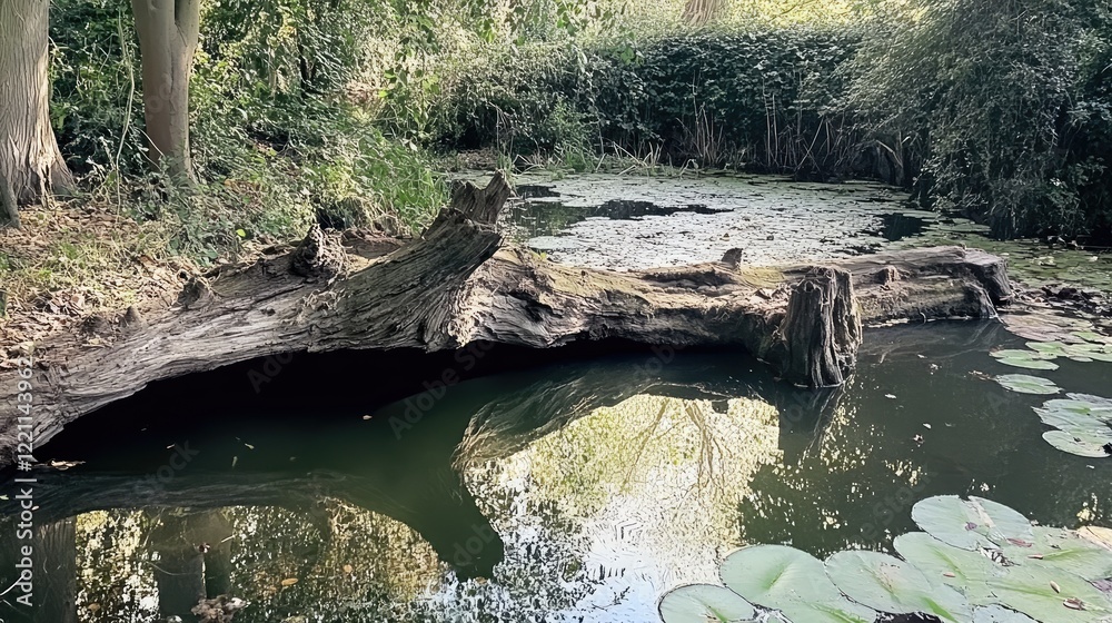 Fototapeta premium Fallen Log in Serene Pond Water Lily Scene