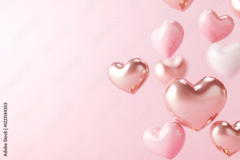 Heart shapes in soft pink and metallic gold tones drift gently on a pastel pink gradient background, radiating romance and warmth, perfect for expressing love and joy Heart shapes in soft pink and metallic gold tones drift gently on a pastel pink gradient background, radiating romance and warmth, perfect for expressing love and joy