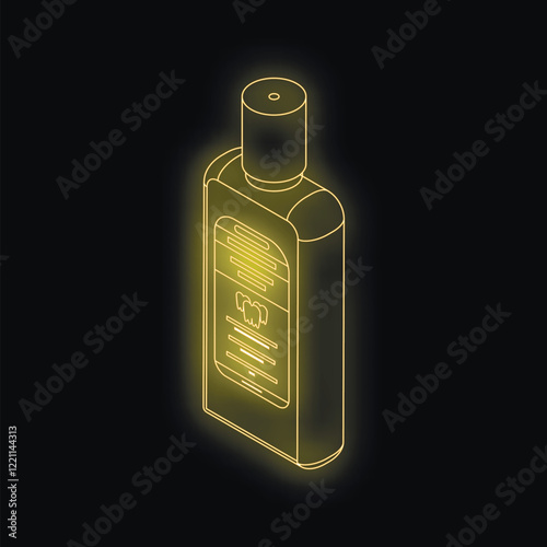 Golden mouthwash glowing on black background, promoting oral health and hygiene