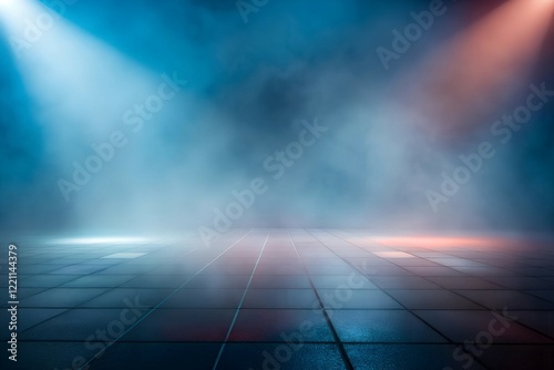 Futuristic empty stage with tiled floor, soft blue and red spotlights piercing a misty haze for a cinematic ambiance.