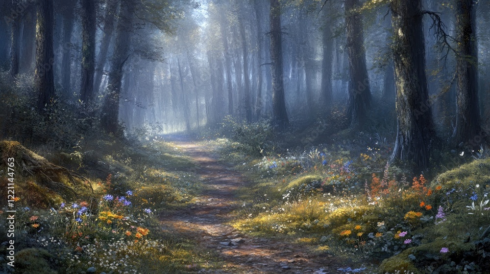 Fototapeta premium Sunlit Path Through A Mystical Forest Of Tall Trees