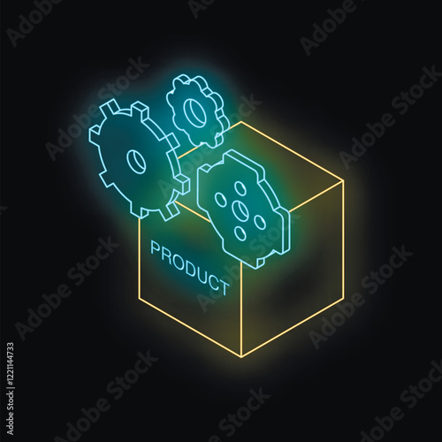 Neon glowing gears rotating and fitting into a product box, visualizing a manufacturing process