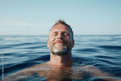 A white man in his 40s stands chest-deep in cold ocean water breathing deeply with closed eyes. He exudes a sense of calm and endurance under the soft morning light