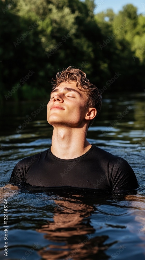 Fototapeta premium A young man stands in a cold river water up to his neck with his eyes closed and a slight smile. The calmness of the scene enhanced by soft morning light creates a refreshing atmosphere