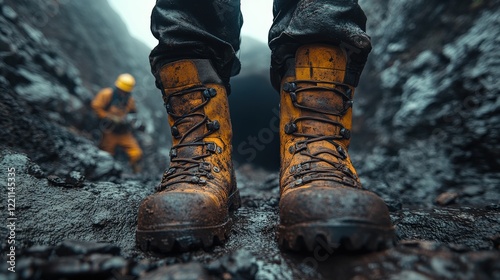 Close-up of muddy work boots in a mining environment with a miner in the background photo