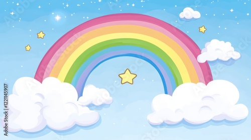 Pastel Rainbow Sky With Fluffy Clouds And Stars