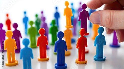 A hand selects a colorful plastic person from a group