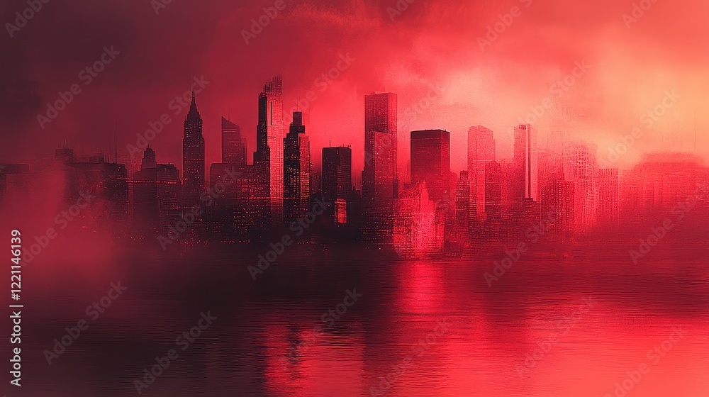 Obraz premium Skyline engulfed in reddish smog at twilight, surreal tones reflecting severe air pollution, [urban haze], [air quality challenges].