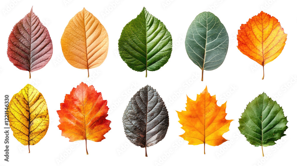 Obraz premium Autumn Leaf Collection: A vibrant collection of twelve autumn leaves showcasing a spectrum of fall colors, from deep reds and oranges to yellows and greens, perfect for seasonal designs.
