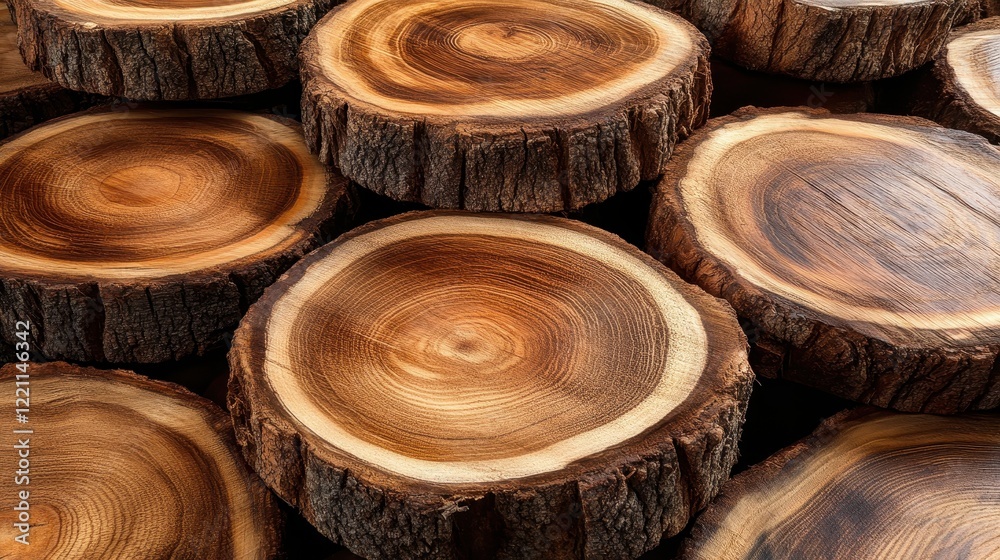 A collection of beautifully arranged wooden slices showcases their natural patterns and textures, illuminated beautifully in warm light against a dark backdrop. A collection of beautifully arranged wooden slices showcases their natural patterns and textures, illuminated beautifully in warm light against a dark backdrop.