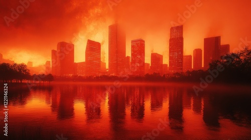 Skyline engulfed in reddish smog at twilight, surreal tones reflecting severe air pollution, [urban haze], [air quality challenges].