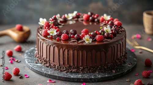 Delicious chocolate cake with berries, studio shot photo