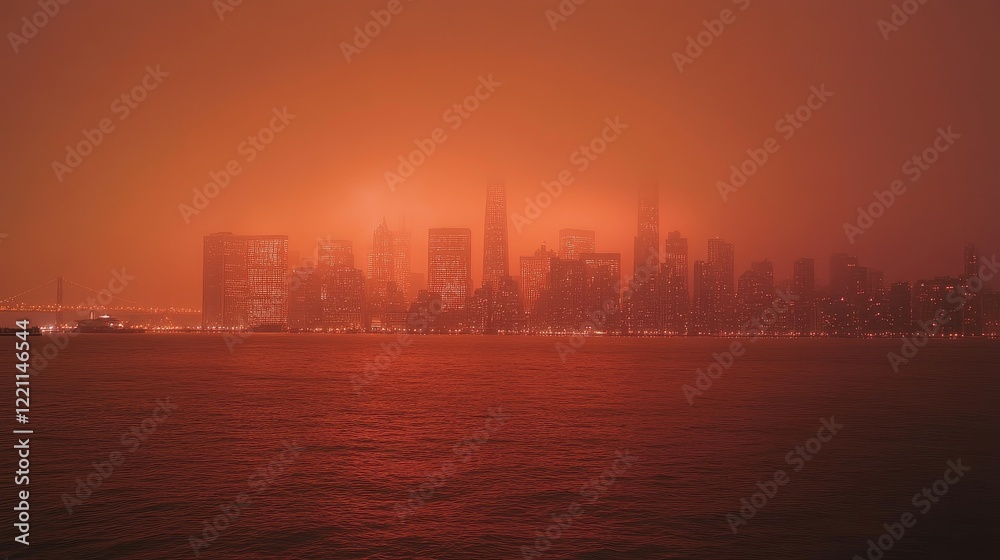 Fototapeta premium Skyline engulfed in reddish smog at twilight, surreal tones reflecting severe air pollution, [urban haze], [air quality challenges].