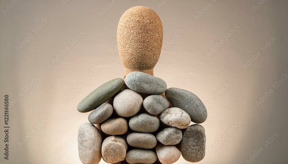 불규칙한 형태의 돌들이 조화를 이루는 인간 형상,  서로 다른 사회적 역할들이 결합하여 하나의 형태를 이루는 과정을 나타낸다