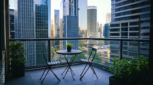 Fototapeta Naklejka Na Ścianę i Meble -  A city balcony with a small table and chairs, overlooking skyscrapers and busy streets.