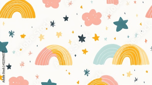 Pastel Rainbows Stars Clouds and Flowers Pattern