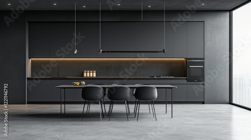 A grey home kitchen interior featuring a designated dining and cooking area, complemented by a mock-up wall, offering a sleek and functional design for both meal preparation and dining.