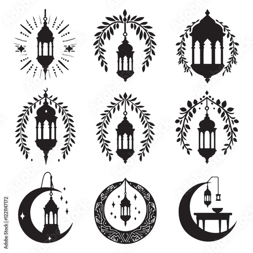 Islamic lantern light vector silhouette, Ramadan Islamic lanterns vector illustration Lantern Icon, Black and White, Traditional Lighting Design Islamic lantern element set for ramadan in silhouettes.