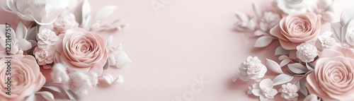 A gorgeous floral arch features pastel roses and peonies along with trailing greenery, creating a romantic frame for custom text or images on a soft gradient background