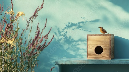 Small bird perched on wooden birdhouse near flowering plants photo