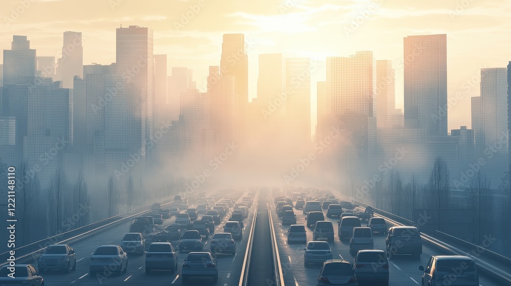Fototapeta premium smog flat design front view crowded urban area theme 3D render complementary color scheme.