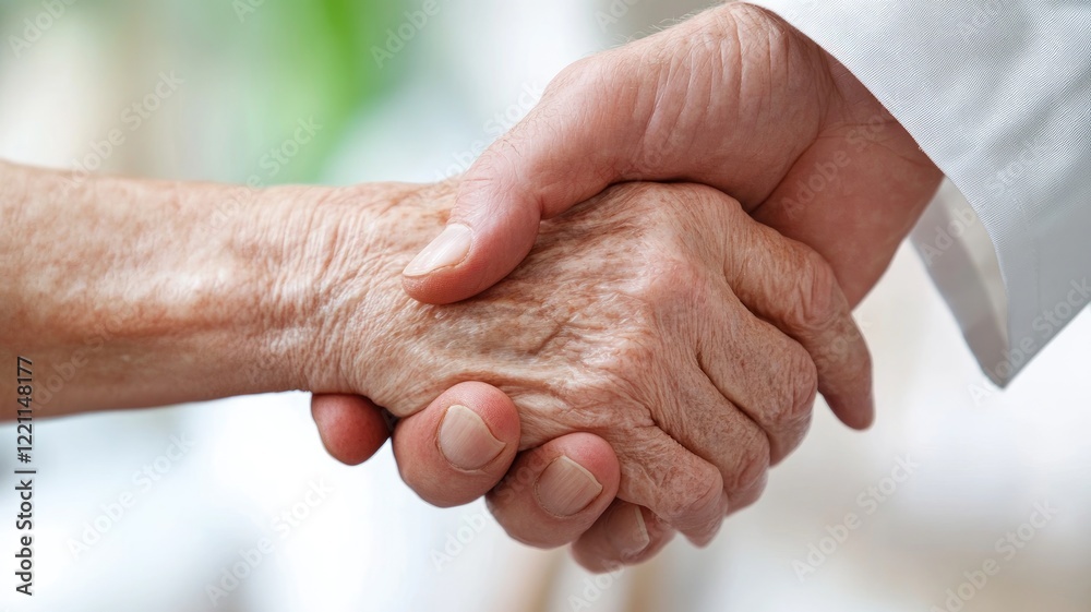 Fototapeta premium Close-up of two hands shaking, senior and younger, symbolizing support or partnership