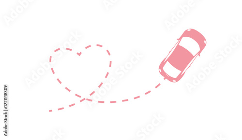 Heart's car route. Love's drive path. car heading towards a romantic honeymoon destination.