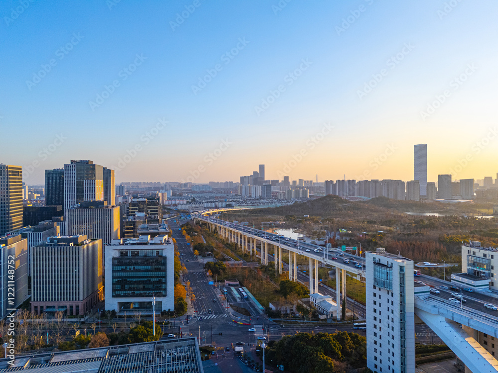 Obraz premium Aerial View of Shanghai skyline at sunset