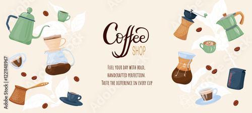 Horizontal banner, stylish illustration of coffee making equipment, variety of essential tools: coffee machine, cezve, grinder, press. Perfect for promoting coffee related products or cafe services.