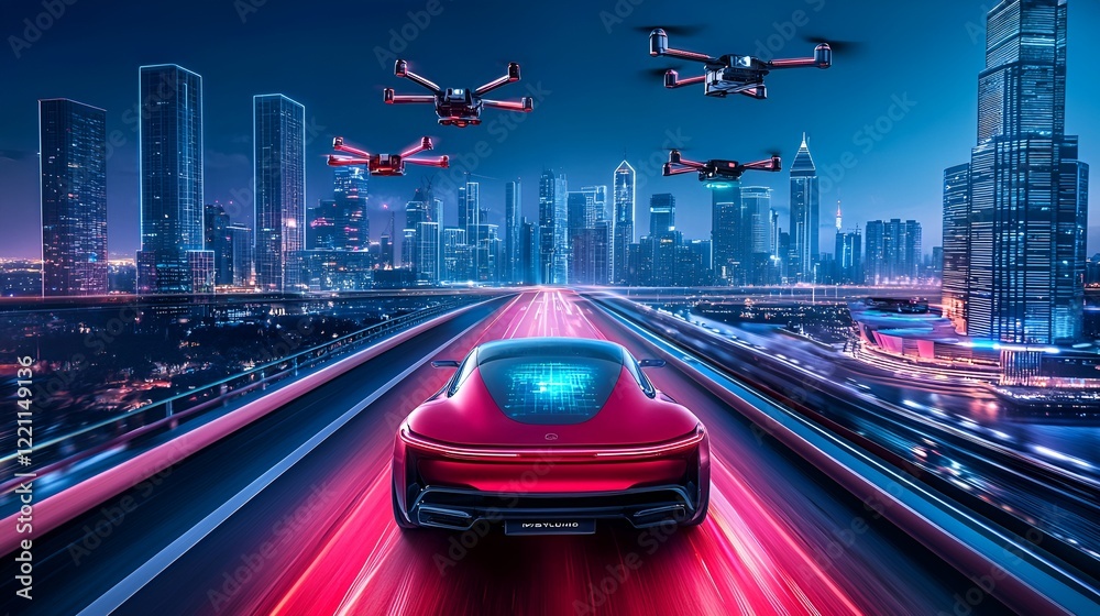 Fototapeta premium Autonomous car, drones, city, night, tech future