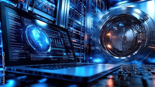 A laptop computer display alongside a secure bank vault on a blue background, symbolizing digital security and financial management.