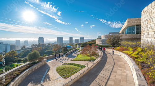 Modern Urban Park with Scenic Walkway and City Skyline Under Bright Sunlight