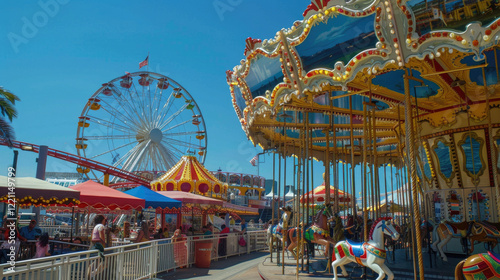 Colorful Amusement Park with Carousel and Ferris Wheel on a Sunny Day with Clear Blue Sky