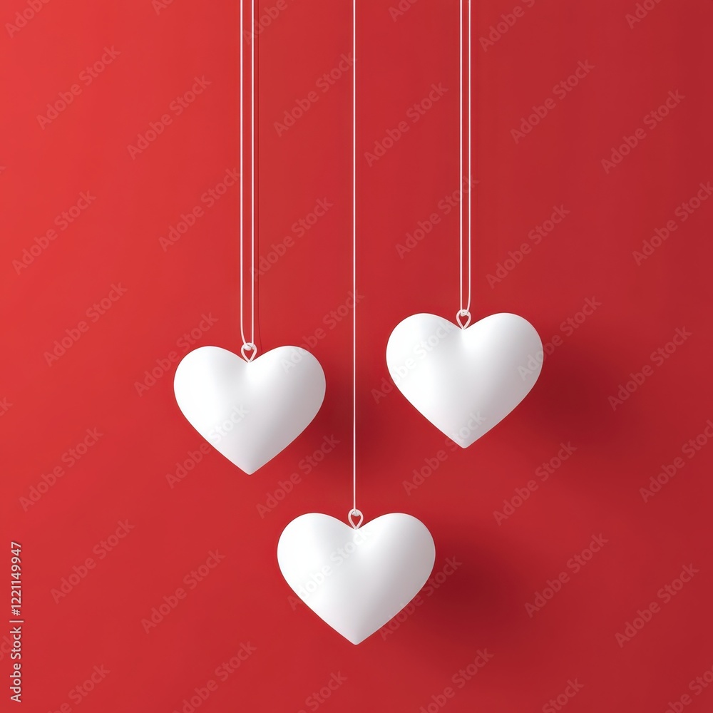 Three red and three white hearts hang from strings on red
