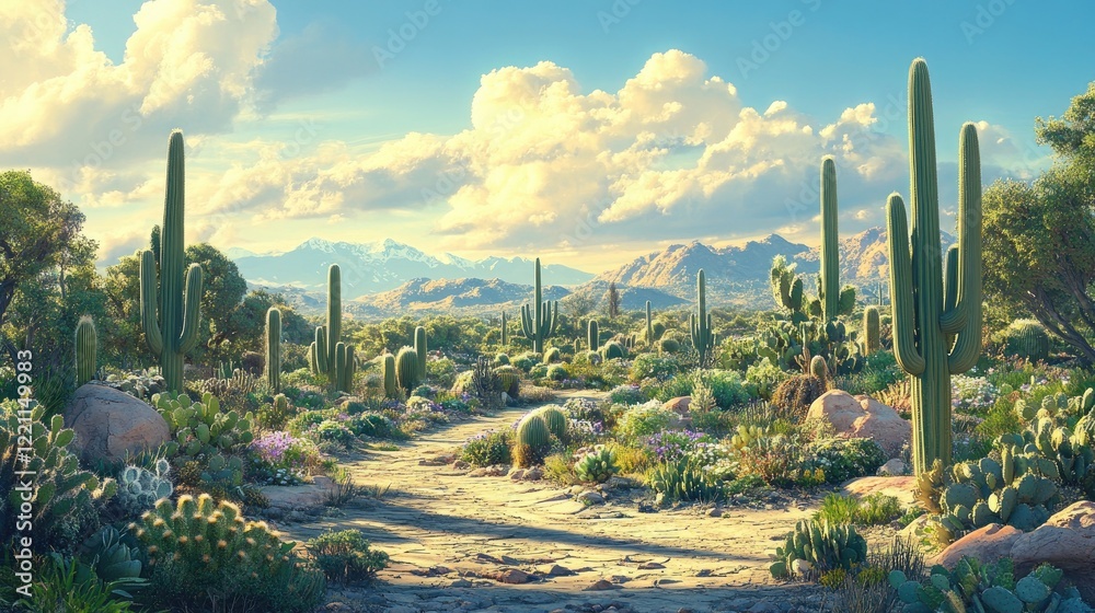 Obraz premium Desert Landscape With Saguaro Cacti And Mountain View