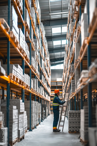 Large modern warehouse with multiple levels of shelves holding building materials like bricks, concrete blocks, and metal pipes, worker on a ladder checking inventory. photo