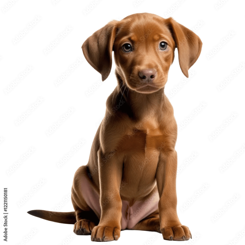 A playful brown puppy sitting on a white background, looking curious and full of energy. A playful brown puppy sitting on a white background, looking curious and full of energy.