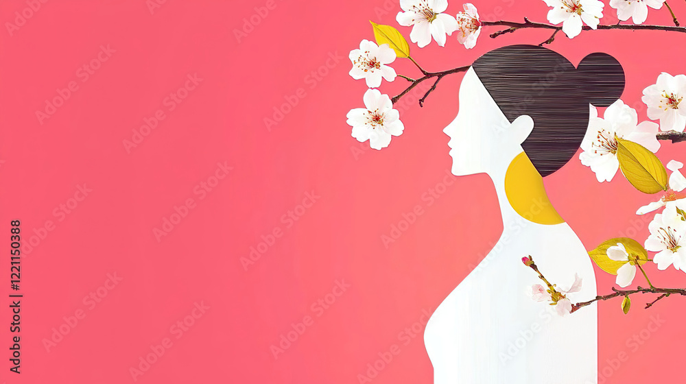 Fototapeta premium Women's Day highlights unity through advocacy promoting equality and empowerment. Elegant Woman Silhouette with Blossoming Flowers on Pink Background