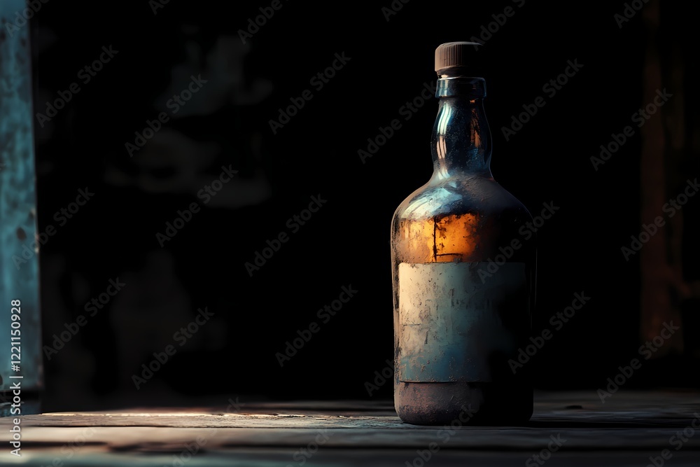 Dusty Old Bottle Sits on Weathered Wood Surface